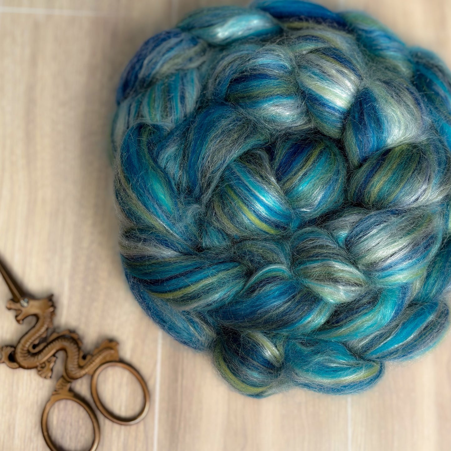 Aquarius Merino Wool & Tussah Silk - Blues & Greens - Combed Top - Wool Roving - Fiber for Spinning