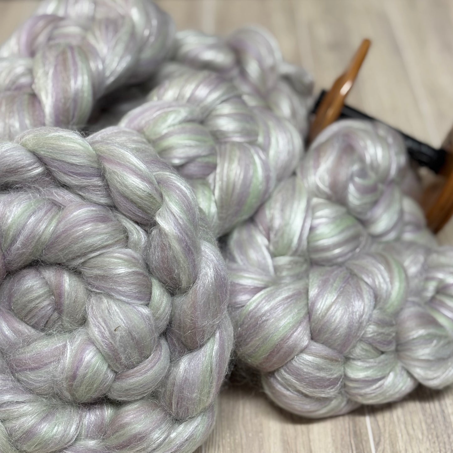 Lyra merino Wool & Tussah Silk - Sage, Grey & Cream - Combed Top - Wool Roving for Spinning wool or felting