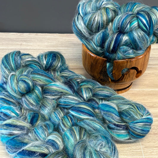 Aquarius Merino Wool & Tussah Silk - Blues & Greens - Combed Top - Wool Roving - Fiber for Spinning