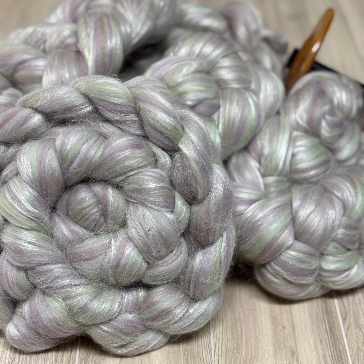 Lyra merino Wool & Tussah Silk - Sage, Grey & Cream - Combed Top - Wool Roving for Spinning wool or felting