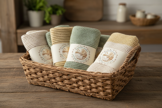 Hand knit dishtowels in basket with labels