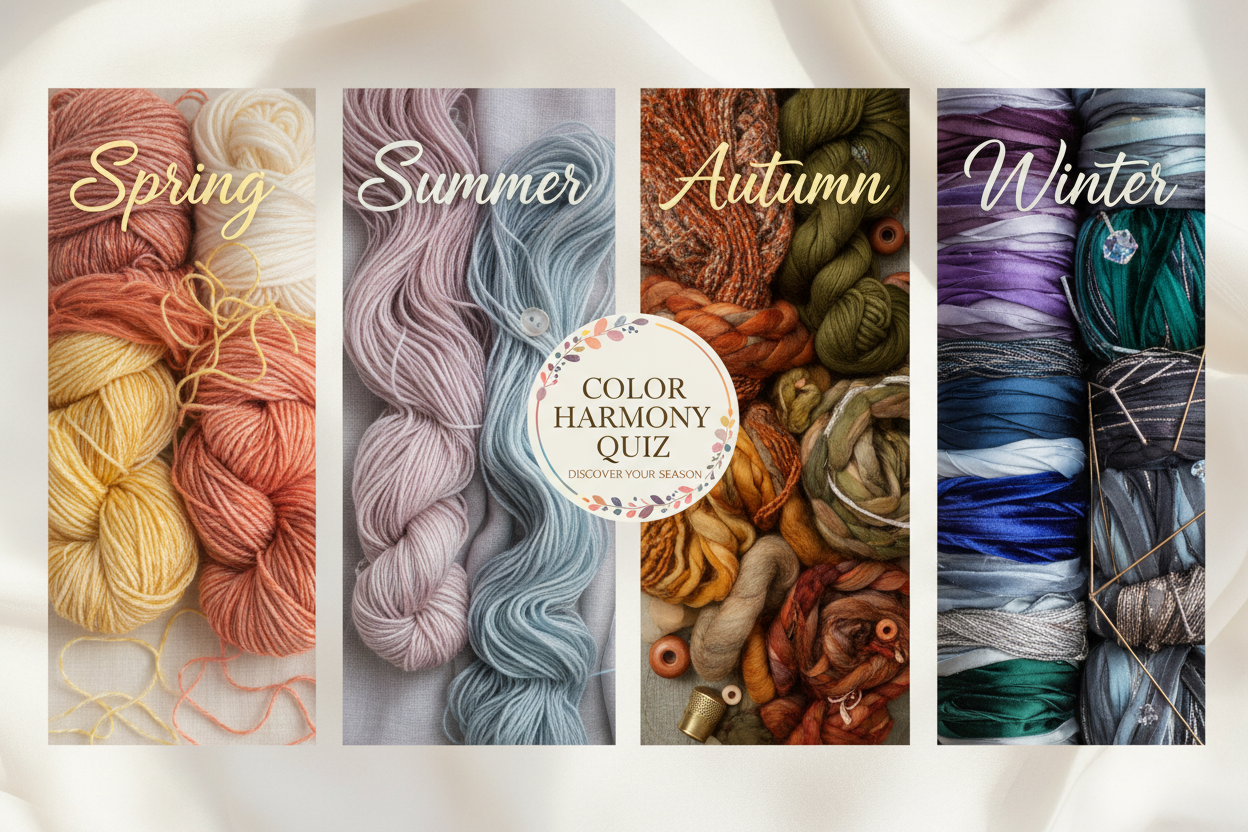 Seasonal color quiz banner showing luxury fibers in spring, summer, autumn, and winter palettes